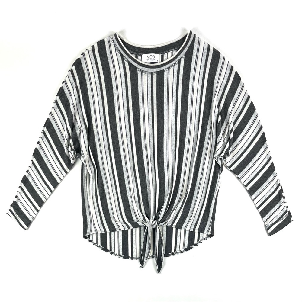 MOD Boutique Fleece Grey Stripe Tie Waist Knit Top